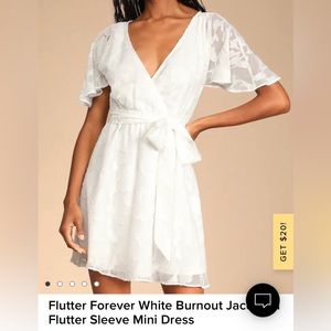 Lulus white flutter forever jacquard dress, sheer sleeves, - like new worn 4hrs